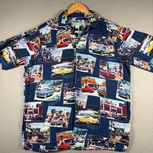 Reyn Spooner Mens XL Classic Car Automotive Print Rayon Hawaiian Shirt Navy Blue